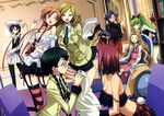  6+girls absurdres animal_ears ashford_academy_uniform backstage blonde_hair blush braid breasts brown_hair c.c. cat_ears code_geass crossdressing fabulous glasses green_hair highres kallen_stadtfeld kimura_takahiro lelouch_lamperouge long_hair medium_breasts milly_ashford multiple_girls nina_einstein nunnally_lamperouge off_shoulder official_art orange_hair red_hair rivalz_cardemonde school_uniform shirley_fenette short_hair skirt small_breasts smile surprised tail thighhighs twin_braids wince 