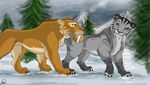  blue_eyes cat claws diego_(ice_age) ear_piercing feline female feral fur green_eyes ice_age jujubajulia love male mammal mates orange_fur piercing sabertooth shira_(ice_age) smilodon teeth tiger tooth white_fur 