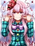  bow cheek_pinching detached_sleeves forced_smile hakurei_reimu hata_no_kokoro highres long_hair long_sleeves looking_at_viewer mask multiple_girls oni_mask pinching pink_eyes pink_hair plaid plaid_shirt shirt skirt star struggling touhou zan_(harukahime) 