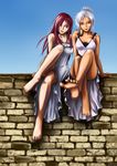  air_(artist) barefoot brown_eyes dress green_eyes highres katarina_du_couteau league_of_legends long_hair multiple_girls red_hair riven_(league_of_legends) rooftop scar short_hair silver_hair sitting 