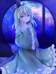 blue_eyes bow collarbone dress furomaaju_(fromage) hands_in_opposite_sleeves hat highres looking_at_viewer milky_way night night_sky short_hair silver_hair sky smile soga_no_tojiko solo star_(sky) starry_sky tate_eboshi touhou window 