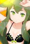  armpits arms_up bare_shoulders bikini black_bikini blush breasts frilled_bikini frills gatchaman_crowds green_eyes green_hair long_hair looking_at_viewer small_breasts solo swimsuit ueyama_michirou utsutsu 