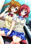  ;d blue_eyes blush brown_hair endori instrument kousaka_honoka love_live! love_live!_school_idol_project multiple_girls nishikino_maki one_eye_closed one_side_up open_mouth otonokizaka_school_uniform piano purple_eyes red_hair school_uniform short_hair sitting skirt smile sweater_vest v 