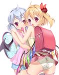  :3 ahoge alternate_costume ass backpack bag bare_shoulders bat_wings blonde_hair blue_hair cameltoe commentary_request contemporary egg_vibrator flandre_scarlet heart heart_panties heart_print highres hug long_hair looking_at_viewer multiple_girls panties pantyshot polka_dot print_panties randoseru red_eyes remilia_scarlet short_hair shorts siblings side_ponytail sisters skirt skirt_lift sleeveless smile striped striped_legwear sushoyushi thighhighs touhou underwear vibrator white_background white_panties wings 