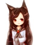  absurdres amanojaku animal_ears backpack bad_id bad_pixiv_id bag brooch brown_eyes brown_hair fang highres imaizumi_kagerou jewelry long_hair long_sleeves looking_at_viewer open_mouth shirt solo tears touhou transparent_background upper_body very_long_hair wide_sleeves wolf_ears 