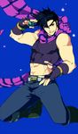  black_hair blue_eyes bola_(weapon) boots crop_top fingerless_gloves gloves jojo_no_kimyou_na_bouken joseph_joestar_(young) male_focus midriff sakaikurinea scarf solo 