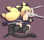  1girl animal_ears bare_shoulders black_legwear black_thighhighs blonde_hair blue_eyes breasts cat_ears cat_tail elbow_gloves female gloves green_eyes heterochromia highleg hotaru-mia knife large_breasts long_hair long_twintails mimisuke_(mim&#039;im) mimisuke_(mim'im) ninja original sideboob simple_background solo tail thighhighs twintails weapon white_gloves 