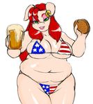  alcohol anthro beer beige_skin beverage big_breasts bikini bipedal bonnie breasts burger chubby clothed clothing cup digital_drawing_(art) digital_media_(art) ear_piercing eyeshadow female floppy_ears food front_view green_eyes hair half-closed_eyes hamburger head_tilted holding hoop_earring huge_breasts lips looking_at_viewer makeup mammal obese overweight piercing pig pink_lips plain_background porcine raised_hands red_hair shiny sketch skimpy solo speeds standing stars_and_stripes swimsuit thick_thighs three-quarter_portrait tight_clothing white_background wide_hips 