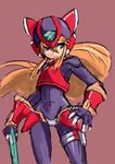  blonde_hair blue_eyes cosplay covered_navel energy_sword genderswap genderswap_(mtf) helmet long_hair ponytail rockman rokkochan rokkochan_(game) solo sowel_(sk3) sword very_long_hair weapon zero_(rockman) zero_(rockman)_(cosplay) 