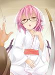  animal_ears bespectacled blush girl_on_top glasses japanese_clothes katana looking_at_viewer mystia_lorelei ogami_kazuki open_mouth pink_hair pov red_eyes short_hair solo_focus sword touhou weapon wings 