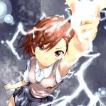  armpits biribiri brown_eyes brown_hair electricity from_above gedou_(ge_ge_gedou) misaka_mikoto school_uniform short_hair to_aru_kagaku_no_railgun to_aru_majutsu_no_index 