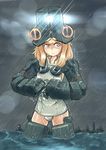  artist_request blonde_hair buruma cherno_alpha city hat light light_particles mecha_musume mechanical_arms mechanical_legs night ocean pacific_rim panties panties_under_buruma personification rain science_fiction serious swimsuit underwear yellow_eyes 