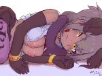  1girl arm_rest arm_support bangs bare_shoulders blush breasts brown_gloves brown_hair commentary_request crop_top cropped_shirt dark_skin earrings elbow_gloves empty_eyes eyebrows_visible_through_hair facial_mark fur_scarf gloves grey_hair hair_between_eyes head_rest highres hips jewelry kemono_friends long_hair looking_at_viewer lying masuyama_ryou medium_breasts midriff multicolored_hair nipples north_island_giant_moa_(kemono_friends) nose_blush on_side open_clothes open_shirt pantyhose parted_lips ponytail purple_legwear scarf shirt sidelocks signature skirt sleeveless sleeveless_shirt solo stomach strapless tubetop tubetop_lift two-tone_hair upper_body white_shirt yellow_eyes 