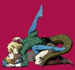  all_fours androgynous blonde_hair blue_eyes blue_footwear boots boy_on_top diego_brando dinosaur_tail full_body gloves green_shirt hands_clasped hat heart holding_hands interlocked_fingers jodhpurs johnny_joestar jojo_no_kimyou_na_bouken knee_boots leg_lift legs_up looking_at_another looking_up lying male_focus midriff multiple_boys on_back own_hands_together profile red_background red_eyes scary_monsters_(stand) shirt shirt_lift skin_tight spine spread_legs spurs stand_(jojo) star star_print steel_ball_run tail tamagoumauma toned toned_male yaoi 