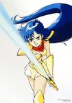  1girl 90s armor asou_yuuko attack bangs belt bikini_armor blue_eyes blue_hair boots game knee_boots looking_at_viewer microskirt midriff miniskirt mugen_senshi_valis navel nec neckerchief official_art official_artwork oldschool pc_engine simple_background skirt solo sword telenet_japan valis valis_sword very_long_hair weapon white_background 