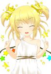  alternate_costume alternate_hairstyle bare_shoulders blonde_hair closed_eyes double_v fang flandre_scarlet hair_ornament highres himenomikan open_mouth pointy_ears short_hair short_twintails simple_background smile solo star star_hair_ornament toga touhou twintails v white_legwear wings 