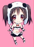  &gt;:) animal_costume bad_id bad_pixiv_id black_hair blush chibi detached_collar kurou_(quadruple_zero) looking_at_viewer love_live! love_live!_school_idol_project midriff navel panda_costume pom_pom_(clothes) red_eyes simple_background skirt smile solo twintails v-shaped_eyebrows yazawa_nico 