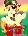  &lt;3 anibaruthecat blush box coin cub equine female feral freckles friendship_is_magic ginger_snap_(mlp) girl_scout green_eyes hair hat horse looking_at_viewer mammal money my_little_pony orange_hair pony pussy solo spread_legs spreading two_tone_hair young 