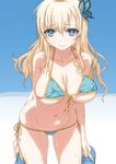  aqua_eyes bikini blonde_hair blue_bikini blue_eyes boku_wa_tomodachi_ga_sukunai breasts butterfly_hair_ornament cleavage covered_nipples cowboy_shot eyebrows_visible_through_hair front-tie_top hair_ornament halter_top halterneck hirose_(mokiki) holding_footwear kashiwazaki_sena large_breasts leaning_forward long_hair looking_at_viewer navel sandals sandals_removed side-tie_bikini smile solo sweat swimsuit underboob wet 