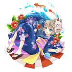  blonde_hair blue_eyes feet fish flower full_body geta japanese_clothes kimono mask minland4099 original sandals short_hair simple_background smile solo toes water 