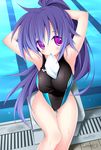  adjusting_hair armpits arms_up blue_hair competition_swimsuit drain_(object) from_above long_hair looking_at_viewer mouth_hold one-piece_swimsuit original ponytail pool poolside purple_eyes solo starting_block swim_cap swimsuit taira_takehiro thigh_gap very_long_hair water 