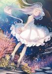  arms_behind_back bare_arms barefoot bubble coral dress fish grey_eyes highres long_hair looking_at_viewer looking_back original silver_hair solo star strapless strapless_dress sugi underwater very_long_hair wet wet_clothes white_dress wrist_cuffs 