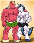  abs anthro anthrofied arody beefcake belly biceps big_macintosh_(mlp) big_muscles blonde_hair blue_eyes blue_hair boxer_briefs boxers bulge chubby clothing cutie_mark duo equine friends friendship_is_magic fur green_eyes grin hair hooves horn horse male mammal musclegut muscles mutant_serpentina my_little_pony pecs pose red_fur shining_armor_(mlp) shorts smile standing teeth toned topless underwear unicorn white_fur 