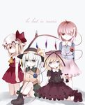  ascot blonde_hair blue_eyes bow flandre_scarlet green_eyes hair_bow hair_ribbon hat hat_ribbon kneeling komeiji_koishi komeiji_satori long_sleeves medicine_melancholy mob_cap multiple_girls nekokyu one_eye_closed open_mouth pink_eyes pink_hair puffy_sleeves red_eyes ribbon shirt short_sleeves siblings sisters sitting skirt skirt_set su-san third_eye touhou vest wings 