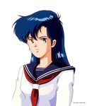  1girl 90s asou_yuuko blue_eyes blue_hair game long_hair mugen_senshi_valis nec official_art official_artwork oldschool pc_engine school_uniform serafuku simple_background solo student telenet_japan valis white_background 