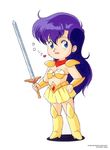  90s armor asou_yuuko bikini_armor blue_eyes blue_hair boots chibi game knee_boots looking_at_viewer midriff miniskirt mugen_senshi_valis nec official_art official_artwork oldschool pc_engine sd simple_background skirt solo sword telenet_japan valis valis_sword very_long_hair weapon white_background 