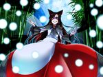  animal_ears bamboo bamboo_forest brooch fingernails forest grin imaizumi_kagerou jewelry kuon_yashiro lights long_fingernails long_hair long_sleeves looking_at_viewer nail_polish nature red_nails shirt skirt smile solo tail touhou very_long_hair wide_sleeves wolf_ears 