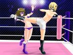  #13 animal_ears arena battle blonde_hair blue_eyes blush boots brown_hair cat_ears cat_tail dodge domination femdom fighting humiliation kicking mask smile smirk sumire_(#13) syemi_(#13) tail wrestling wrestling_ring 