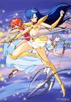  90s armor asou_yuuko bangs belt bikini_armor blue_eyes boots cham female_warrior game horn knee_boots long_hair long_pointy_ears looking_at_viewer microskirt midriff miniskirt mugen_senshi_valis multiple_girls nec neckerchief official_art official_artwork oldschool pc_engine pointy_ears sidelocks skirt staff sword telenet_japan valis valis_iii valis_sword valna very_long_hair weapon whip 