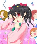  &gt;_&lt; =_= arms_up bad_id bad_pixiv_id black_hair blush bow brown_hair cardigan chibi closed_eyes confetti hair_bow hoshizora_rin koizumi_hanayo koucha_maru looking_at_viewer love_live! love_live!_school_idol_project multiple_girls nishikino_maki open_mouth otonokizaka_school_uniform pose red_eyes red_hair school_uniform short_hair skirt smile tears twintails yazawa_nico 