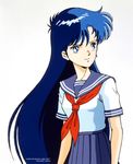  1girl 90s asou_yuuko blue_eyes blue_hair game long_hair matching_hair/eyes mugen_senshi_valis nec official_art official_artwork oldschool pc_engine pleated_skirt school_uniform serafuku simple_background skirt solo student telenet_japan valis very_long_hair white_background 