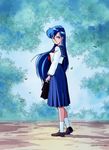  1girl 90s asou_yuuko blue_eyes blue_hair game long_hair long_skirt looking_at_viewer looking_back mugen_senshi_valis nec official_art official_artwork oldschool outdoors pc_engine school_uniform serafuku skirt solo student telenet_japan valis very_long_hair 