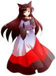  alphes_(style) animal_ears brooch brown_hair dairi dress fingernails full_body highres imaizumi_kagerou jewelry long_fingernails long_hair long_sleeves open_mouth parody red_eyes smile smug solo style_parody touhou transparent_background wide_sleeves wolf_ears 