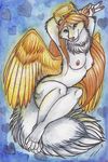  anthro breasts canine elbow_tufts female fox fur halo looking_at_viewer mammal nude shiverz solo white_fur wings 