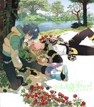 anemone_(flower) barbell_piercing belt blonde_hair blue_hair boots dramatical_murder flower hachi_888 hand_on_another's_face hat hat_removed headwear_removed jacket lake lying multiple_boys nature noiz_(dramatical_murder) nose_piercing piercing scenery seragaki_aoba sitting tree water 