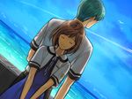  1girl brown_hair closed_eyes green_hair hikami_itaru piyo protagonist_(tokimemo_gs2) school_uniform short_hair smile tokimeki_memorial tokimeki_memorial_girl's_side_2nd_kiss 