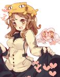  :3 animal_hat bad_id bad_pixiv_id blush braid breasts brown_eyes brown_hair buttons cat cat_hat coat hat heart long_hair mabinogi masirosu medium_breasts multiple_girls open_mouth simple_background skirt skirt_hold smile white_background 