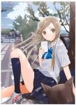  absurdres blouse bow brown_eyes brown_hair cat cellphone character_request copyright_request fuyuno_haruaki highres iphone kneehighs long_hair perspective phone ribbon road scan school_uniform shoes sitting skirt smartphone sneakers solo street tree 