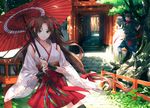  1girl bow bridal_gauntlets brown_hair detached_sleeves fence gloves green_eyes hair_bow hakama_skirt japanese_clothes komainu lantern long_hair looking_at_viewer miko multiple_torii oriental_umbrella original path road smile stairs statue tassel thighhighs toichi_(ik07) torii tree tree_shade two_side_up umbrella very_long_hair wooden_fence wooden_lantern 