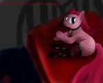  atrademonica bed blue_eyes collar cutie_mark english_text equine female feral friendship_is_magic fur hair horse legwear looking_at_viewer lying mammal mlp-saucy mlp_pinkamena mlp_saucy my_little_pony on_side pink_fur pink_hair pinkamena_(mlp) pinkie_pie_(mlp) pony saucy stockings text 