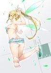  ass barefoot bikini blonde_hair blush braid breasts character_name copyright_name frilled_swimsuit frills green_eyes leafa long_hair looking_back medium_breasts open_mouth pointy_ears ponytail sandals shiny shiny_skin shoes single_shoe soles solo swimsuit sword_art_online twin_braids underboob very_long_hair wings yuugen 