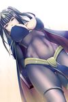  arms_behind_back belt black_hair blue_eyes bodysuit book breasts cape covered_navel covered_nipples dutch_angle fire_emblem fire_emblem:_kakusei hair_ornament harihisa highres jewelry large_breasts loincloth long_hair navel open_mouth pauldrons purple_eyes simple_background skin_tight skindentation solo tharja thigh_gap two_side_up white_background 