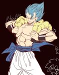  2boys abs arms_up baggy_pants belt black_background blue_eyes blue_hair broly_(dragon_ball_super) chest commentary_request dragon_ball dragon_ball_super dragon_ball_super_broly dragonball_z eyebrows_visible_through_hair gogeta grabbing grin looking_at_viewer male_focus multiple_boys muscle nipples open_clothes open_vest pants parted_lips pectorals shirtless short_hair simple_background smile smirk spiked_hair standing stomach super_saiyan_blue translation_request upper_body v-shaped_eyebrows vest waistcoat white_pants wristband 