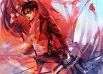  ascot black_hair jacket kawauso levi_(shingeki_no_kyojin) paradis_military_uniform reverse_grip rogue_titan shingeki_no_kyojin sword three-dimensional_maneuver_gear weapon wire 