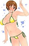  baba_arumi bad_id bad_pixiv_id bikini blush breasts brown_hair cameltoe covered_nipples grin large_breasts looking_at_viewer one_eye_closed original red_eyes short_hair simple_background smile solo swimsuit teeth 
