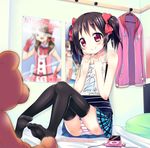  bad_id bad_pixiv_id bed black_hair blush bow camisole casual digital_media_player earphones earphones_removed hair_bow kurou_(quadruple_zero) love_live! love_live!_school_idol_project no_shoes panties pantyshot pantyshot_(sitting) plaid plaid_skirt red_eyes ribbon short_hair sitting skirt smile solo striped striped_panties stuffed_animal stuffed_toy teddy_bear thighhighs twintails underwear yazawa_nico 